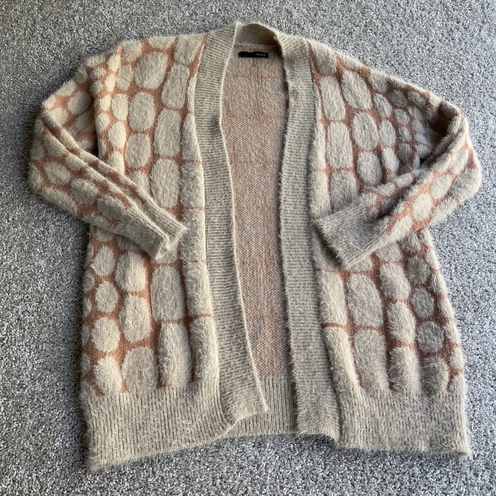 ON BLUE Cardigan Sweater Womens XL Beige Polka Dot Open Front Chunky Knit